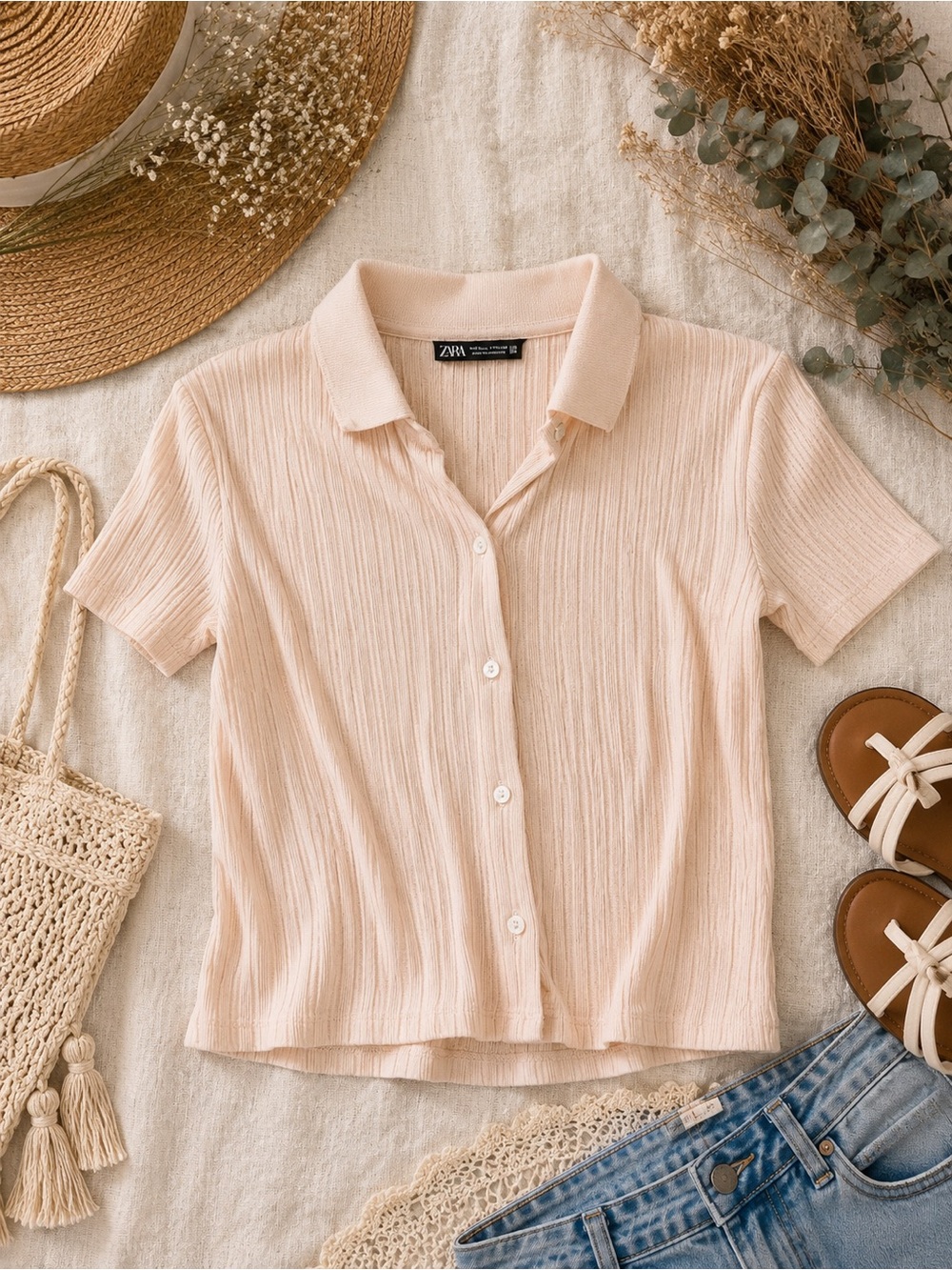 Zara Ribbed Button Front Collared Top Size Small Blush Pink